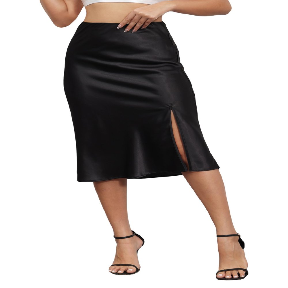 ALCEA ROSEA Women High Waist Silky Satin Midi Skirt Elastic Waist A Line Skirt with Slit 1951 (Black, S)