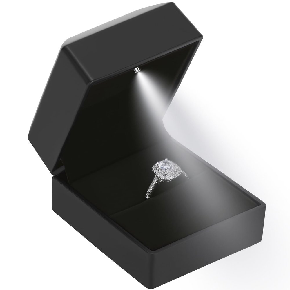 LED Ring Earring Box for Proposal, Wedding, Engagement Luxury Jewelry Gift Box with LED Light, Jewellry Display Box (Black)