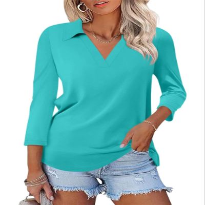 ORANDESIGNE Women's 3/4 Sleeves V Neck Polo Shirts Casual Summer Tops Basic Collar Cute Tees