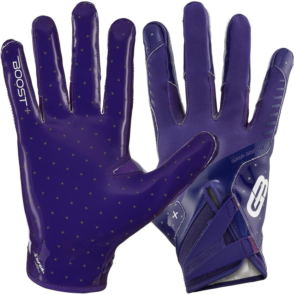 Grip Boost Football Gloves - Solid Stealth 6.0 Boost Plus Sticky Technology - Adult and Youth Football Gloves for Wide Receiver - Men's and Boys Sizes (Solid Purple, Small)