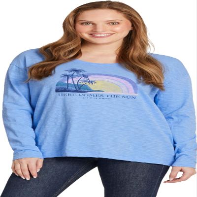 Life is Good - Womens Here Comes The Sun Rainbow Relaxed Fit Long Sleeve T-Shirt, Color Cornflower Blue, Size: X-Large