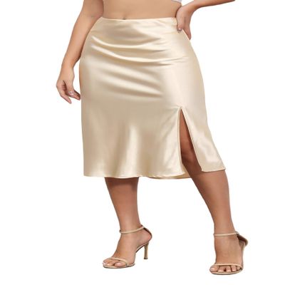 ALCEA ROSEA Women High Waist Silky Satin Midi Skirt Elastic Waist A Line Skirt with Slit 1951 (Champagne, XL)