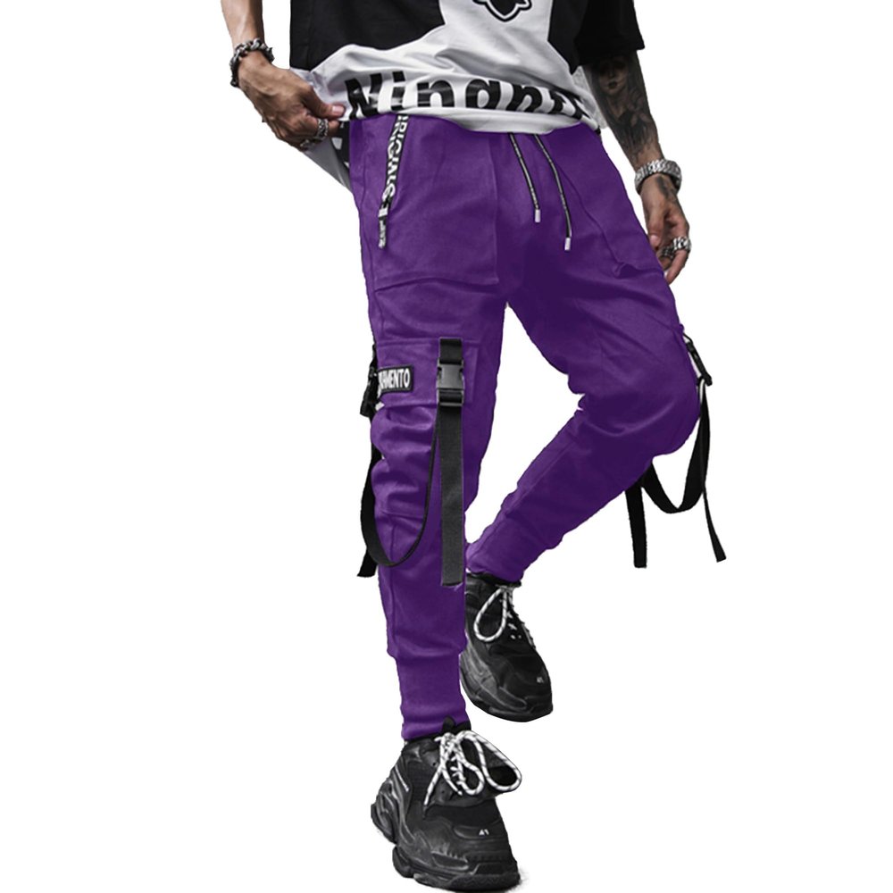 XYXIONGMAO Men's Jogger Techwear Pants Hip Hop Goth Streetwear Harem Sweat Tactical Track Multi Pocket Black Joggers Cargo Cool Baggy Pants (Purple,L)