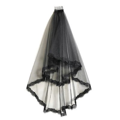 Muloo Gothic Wedding Bride Veil with Lace Floral Trim Girls Bride Long Tulle Wedding Tiaras for Halloween Women Photography