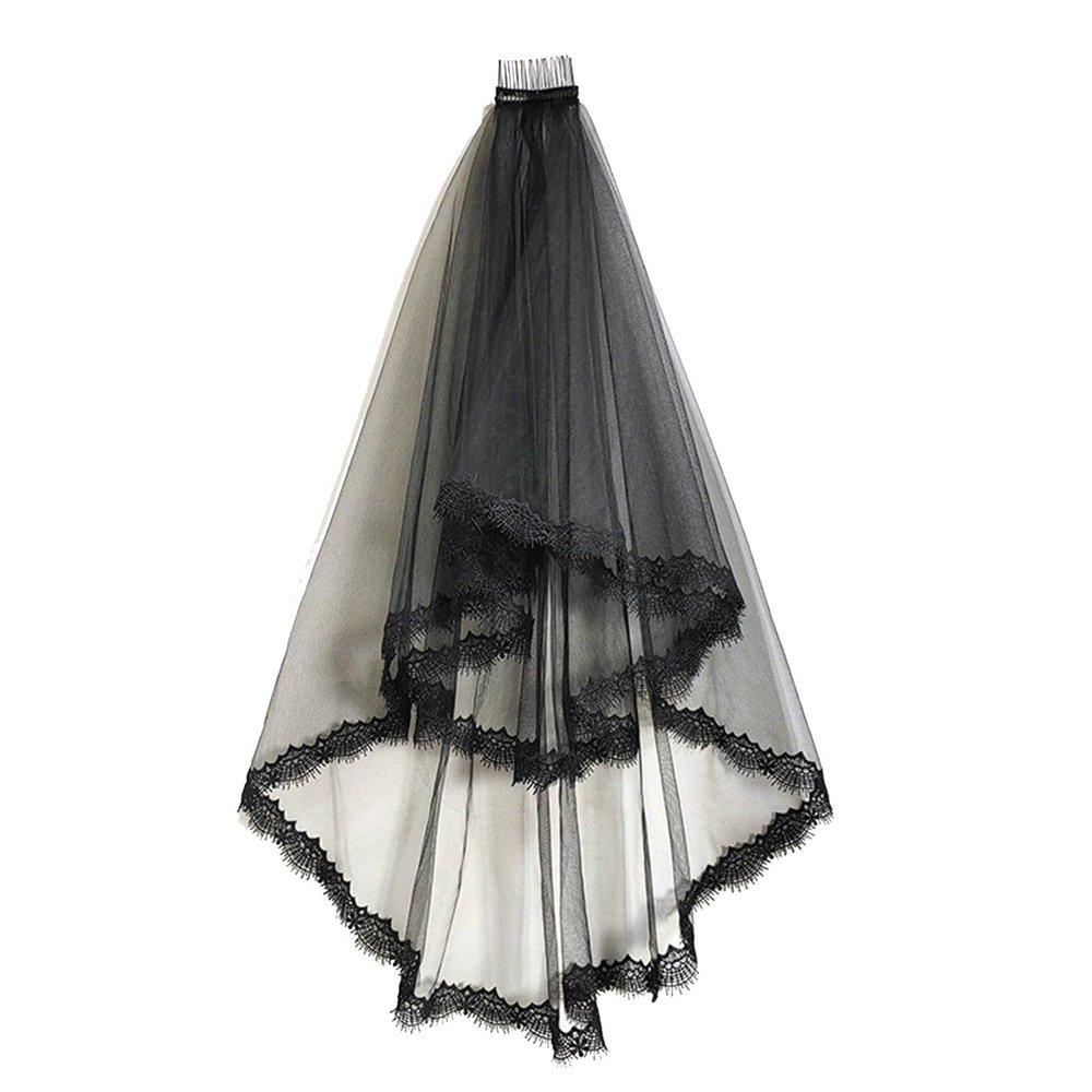 Muloo Gothic Wedding Bride Veil with Lace Floral Trim Girls Bride Long Tulle Wedding Tiaras for Halloween Women Photography