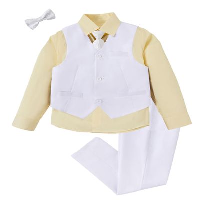 Mosedou Suits for Boys White Vest and Pants Set Kids Tuxedo Suit Boy Yellow Button Down Dress Shirt with Long Sleeves for Wedding Easter Outfit Size 6