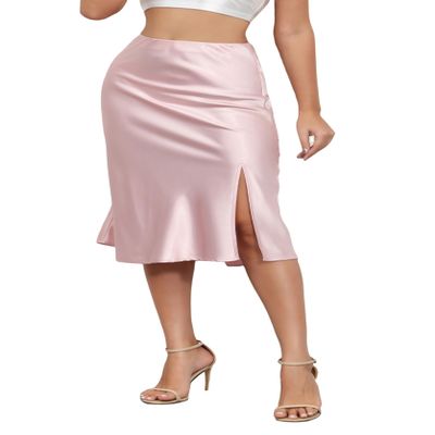 ALCEA ROSEA Women High Waist Silky Satin Midi Skirt Elastic Waist A Line Skirt with Slit 1951 (Pink, L)