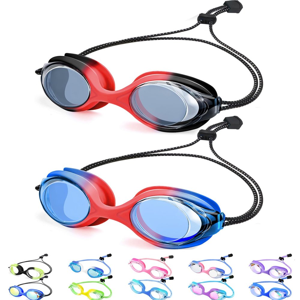 Vvinca 2 Pack Bungee Strap Kids Swim Goggles, No Hair Pulling Anti-Fog Adjust Goggles for Kids 4-16 Teens Youth