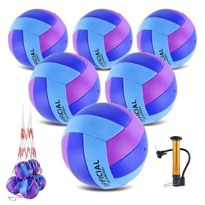 ELKCIP 6 Pack Volleyballs Official Size 5, Soft Bulk Recreational Volley Balls with Pump and Net Bag for Indoor Outdoor Beach Pool Water Sand Game Training Match for Beginner Women, Purple Blue