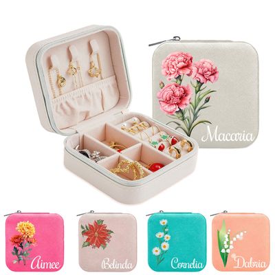 Cappaw Personalized Jewelry Organizer Box, Custom Jewelry Box, Customized Travel Jewelry Case with Birth Flower & Name, Personalized Gifts for Wedding, Birthday Anniversary, Mom