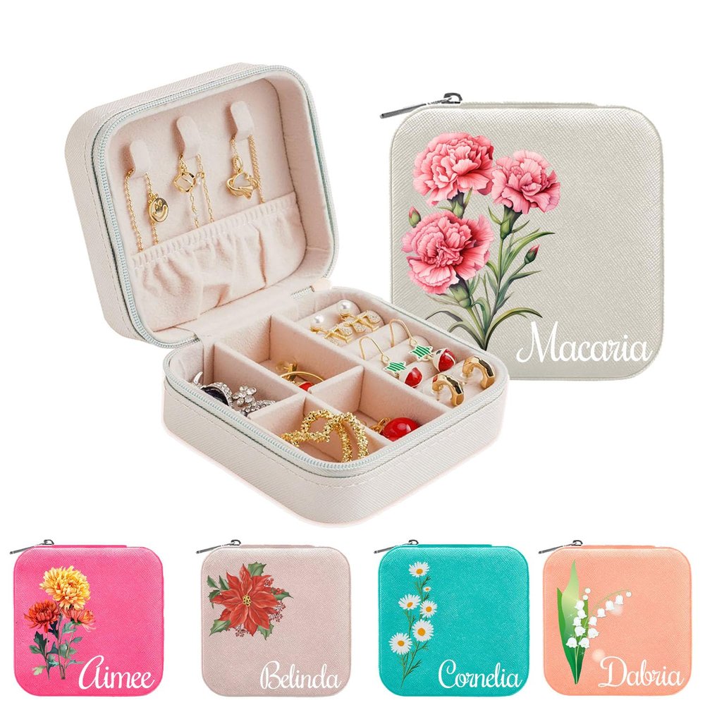 Cappaw Personalized Jewelry Organizer Box, Custom Jewelry Box, Customized Travel Jewelry Case with Birth Flower & Name, Personalized Gifts for Wedding, Birthday Anniversary, Mom