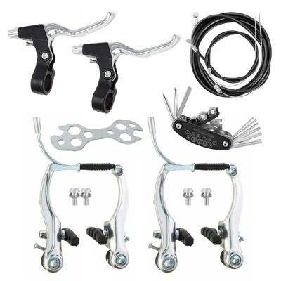 Qcdou Complete Bike Brakes Set, Universal Front and Rear Bike Brake, V-Type Bicycle Brake Set, Inner and Outer Callipers Cables Lever Kit for Most Bicycle - Silver