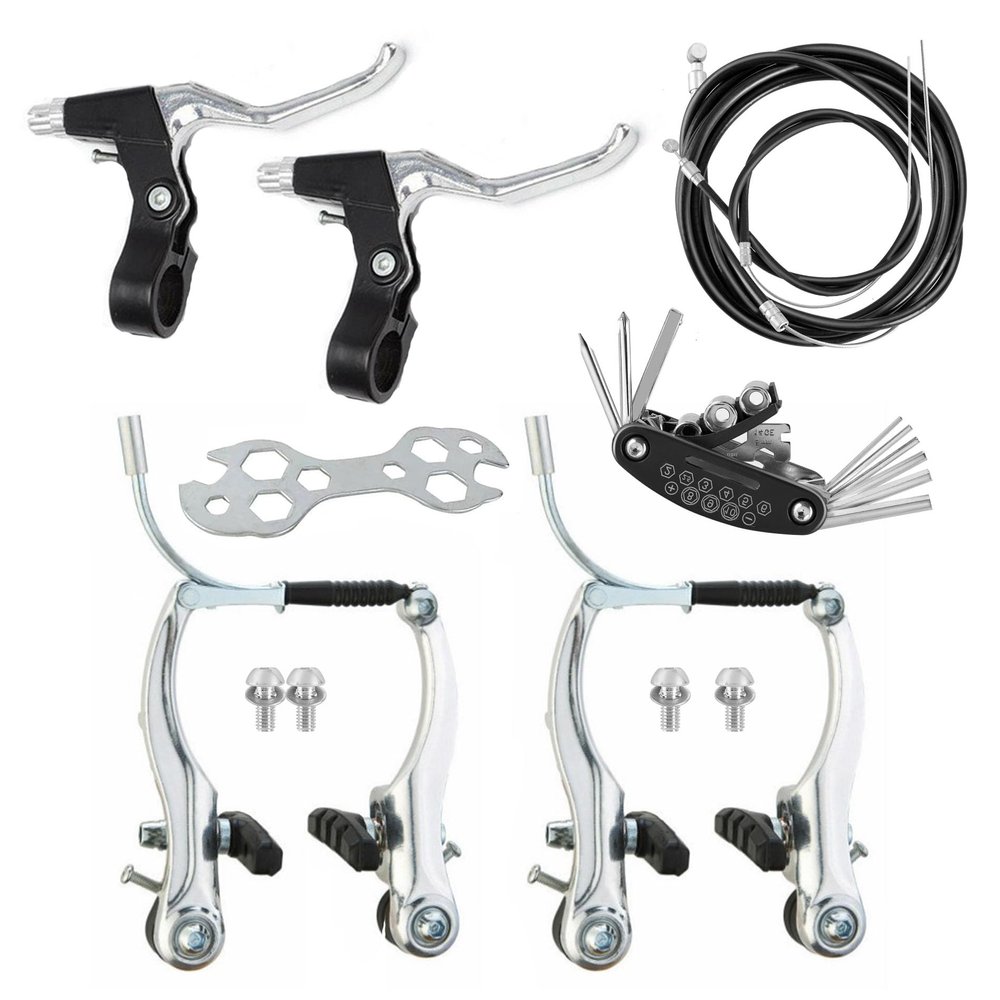 Qcdou Complete Bike Brakes Set, Universal Front and Rear Bike Brake, V-Type Bicycle Brake Set, Inner and Outer Callipers Cables Lever Kit for Most Bicycle - Silver