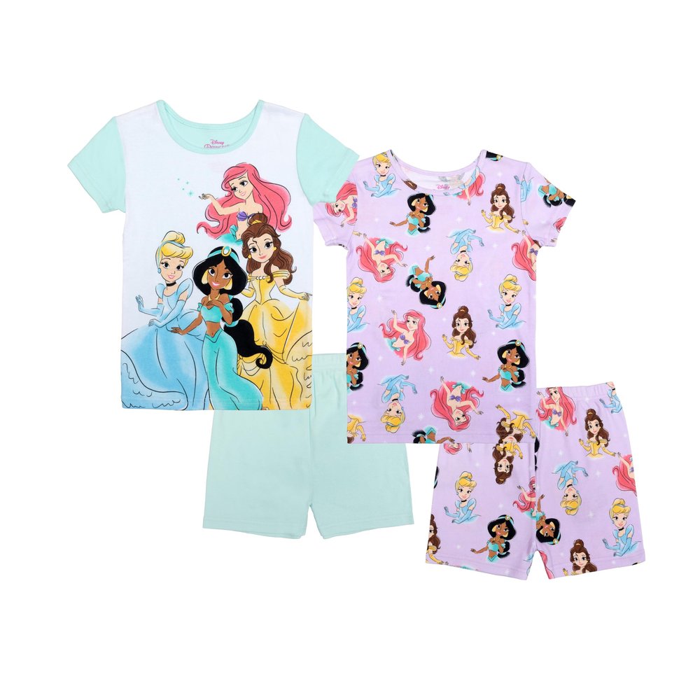 Disney Toddler/Little/Big Girls' Princess Pajama Set 4-Piece Cotton Sleepwear, Multi Princess, 2T