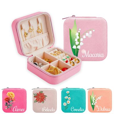 Cappaw Personalized Jewelry Organizer Box, Custom Jewelry Box, Customized Travel Jewelry Case with Birth Flower & Name, Personalized Gifts for Wedding, Birthday Anniversary, Mom