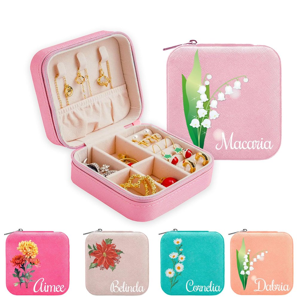 Cappaw Personalized Jewelry Organizer Box, Custom Jewelry Box, Customized Travel Jewelry Case with Birth Flower & Name, Personalized Gifts for Wedding, Birthday Anniversary, Mom