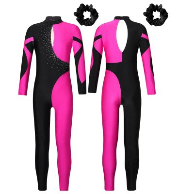 LiiYii Kids Girls Figure Ice Skating Jumpsuit Long Sleeves Gymnastics Leotards Bodysuit Full Body Dance Unitards Hot Pink&Black 10 Years
