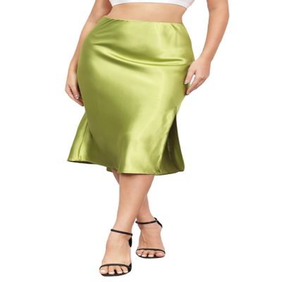 ALCEA ROSEA Women High Waist Silky Satin Midi Skirt Elastic Waist A Line Skirt with Slit 1951 (Apple Green, M)