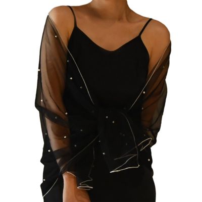 Muloo Elegant Black Tulle Shawl for Women Wedding Bride Female Dance Costume Bride Tulle Scarf for Formal Occasions, approx.50x160cm/19.69x62.99in