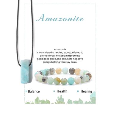 Pingyongchang Calming Yoga Bracelets Necklace Set, Relaxation Crystal Stone Mantra Bracelets for Women, Natural Crystal Stone Birthday Gifts, Black Leather Necklace for Men-Amazonite