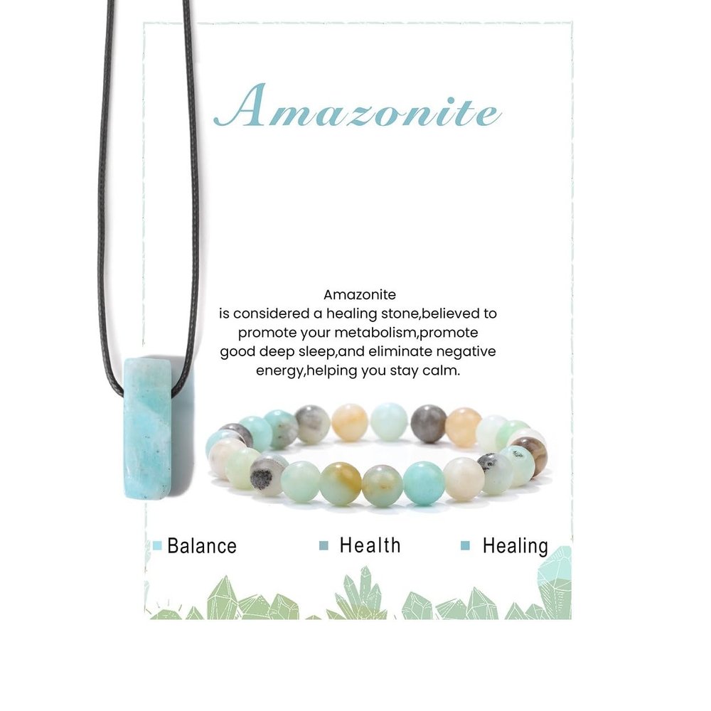 Pingyongchang Calming Yoga Bracelets Necklace Set, Relaxation Crystal Stone Mantra Bracelets for Women, Natural Crystal Stone Birthday Gifts, Black Leather Necklace for Men-Amazonite