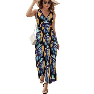 Animal Monkey Chimpanzee Drinking Women's Sleeveless Dress V Neck Flowy Hem Sundresses Summer Beach Maxi Dress XL