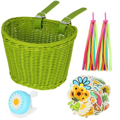 SVNR Bike Basket, Kids Bike Basket Front, Handwoven Bicycle Baskets for Boys and Girls, Children Bicycle Baskets with Spare Leather Straps and Bell, Easy Install and Detachable