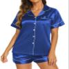 Ekouaer Silk Pajamas for Women Short Sleeve Sleepwear Soft Button Down Loungewear 2 Piece Satin Pjs Shorts Set,Royal Blue,XL view 3