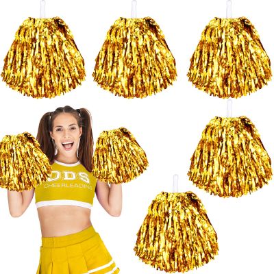 6 Pcs Gold Pom Poms Cheerleading Metal Foil Gold Cheerleading Pom Poms with Plastic Handles Gold Pom Poms for Cheering in Sports Meet Competition Fields and Other Festive Occasions, 30 Grams