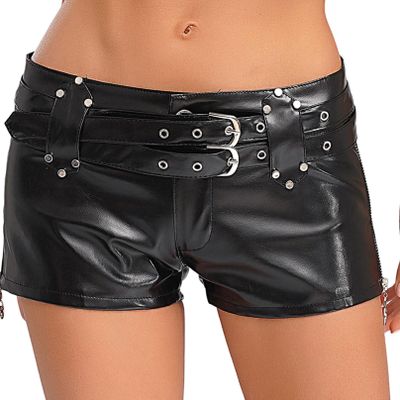 Agoky Women's Wet Look PVC Leather Hot Pants Adjustable Double Belts Clubwear Booty Dance Shorts Black Medium