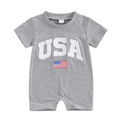 FYBITBO 4th of July Baby Boy Girl Outfit USA Flag Short Sleeve Jumpsuit Romper Newborn Fourth of July Onesie Clothes (My First 4th of July Baby Outfit-Gray, 3-6 Months)