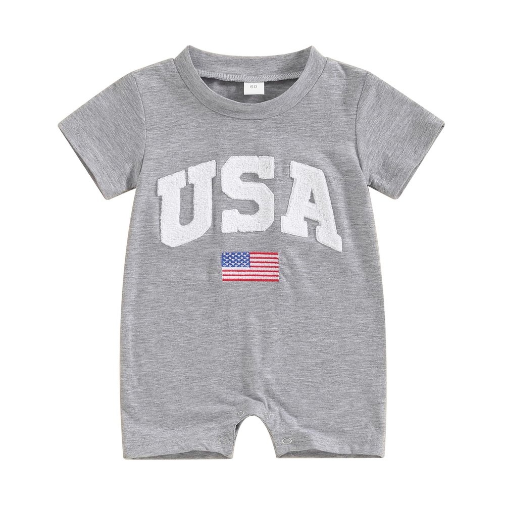 FYBITBO 4th of July Baby Boy Girl Outfit USA Flag Short Sleeve Jumpsuit Romper Newborn Fourth of July Onesie Clothes (My First 4th of July Baby Outfit-Gray, 3-6 Months)