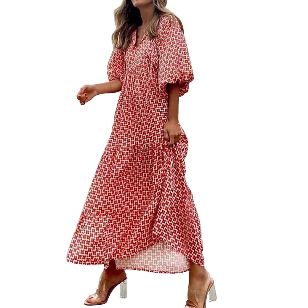 FQFGGYD Women's Plus Size Floral Dress Printed Puffy Sleeve V-Neck Bohemian Beach Dresses Casual Flowing Sundress Maxi Dress