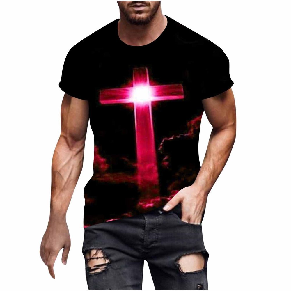 NineFit Basics Mens 3D Graphic Printed T Shirts Fashion Jesus Cross Short Sleeve Muscle Fit Tee Shirt Summer Casual Christian Religious Tops Hot Pink, Small