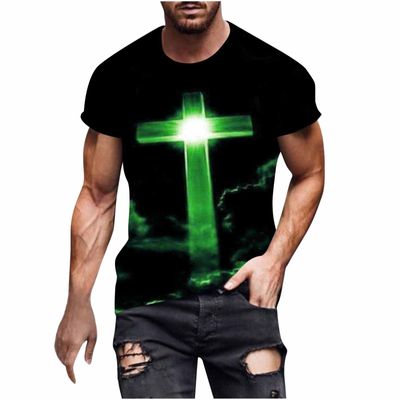 NineFit Basics Mens 3D Graphic Printed T Shirts Fashion Jesus Cross Short Sleeve Muscle Fit Tee Shirt Summer Casual Christian Religious Tops Green, XX-Large