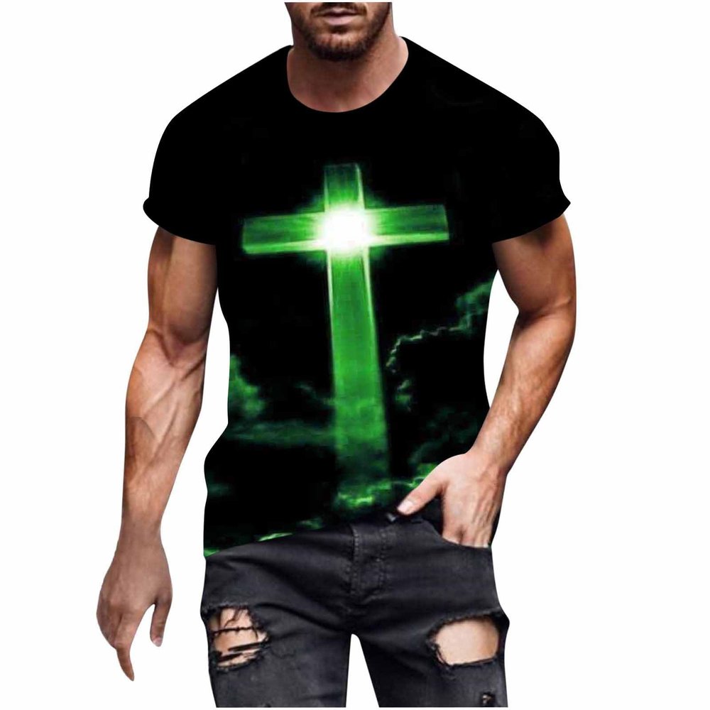NineFit Basics Mens 3D Graphic Printed T Shirts Fashion Jesus Cross Short Sleeve Muscle Fit Tee Shirt Summer Casual Christian Religious Tops Green, XX-Large