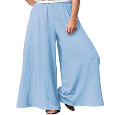 Hisanny Womens Plus Size Linen Pants Wide Leg Palazzo Trousers High Elastic Waist Flowy Culottes with Pockets Light Blue X-Large