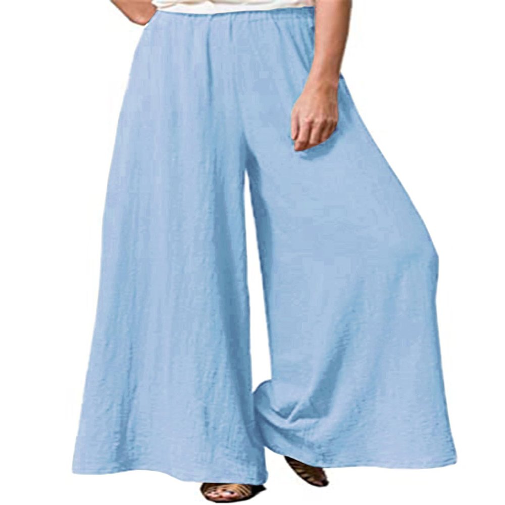 Hisanny Womens Plus Size Linen Pants Wide Leg Palazzo Trousers High Elastic Waist Flowy Culottes with Pockets Light Blue X-Large