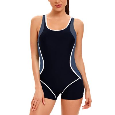 ABOCIW Women's Athletic Boyleg One Piece Swimsuits Racerback Tummy Control Bathing Suit Full Coverage Modest Sporty Swimwear Lap Swimming Costume Black + Gray 4X-Large