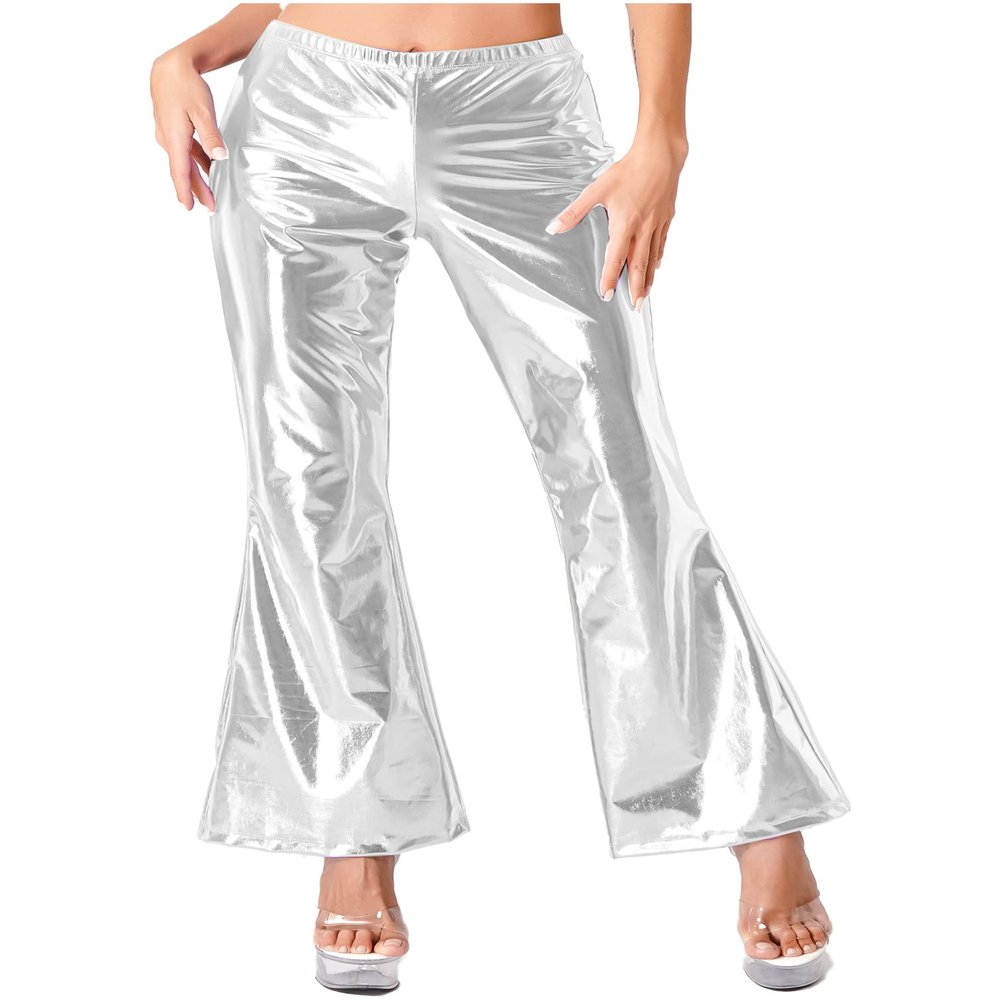iiniim Women's Metallic Wide Leg Flared Pants Palazzo Bell Bottom Disco Rave Dance Hippie Trousers Silver Small