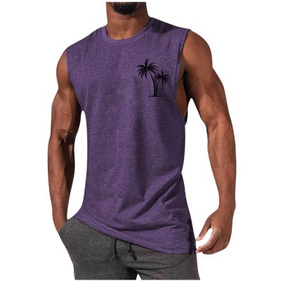 big and tall tank tops for men Tank Tops for Men Summer Casual Beach Sleeveless Basic Tank Top Big and Tall Palm Tree Graphic Muscle T-Shirt mens vest Purple XL