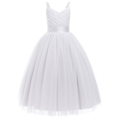 IBTOM CASTLE Flower Girl Dresses for Wedding: Flower Girls Lace Cap Sleeve Dress for Wedding Puffy Tulle Back V-Neck Pageant Prom Ball Gown for Photoshoot Children Concert Dress White & wrap 6 Years