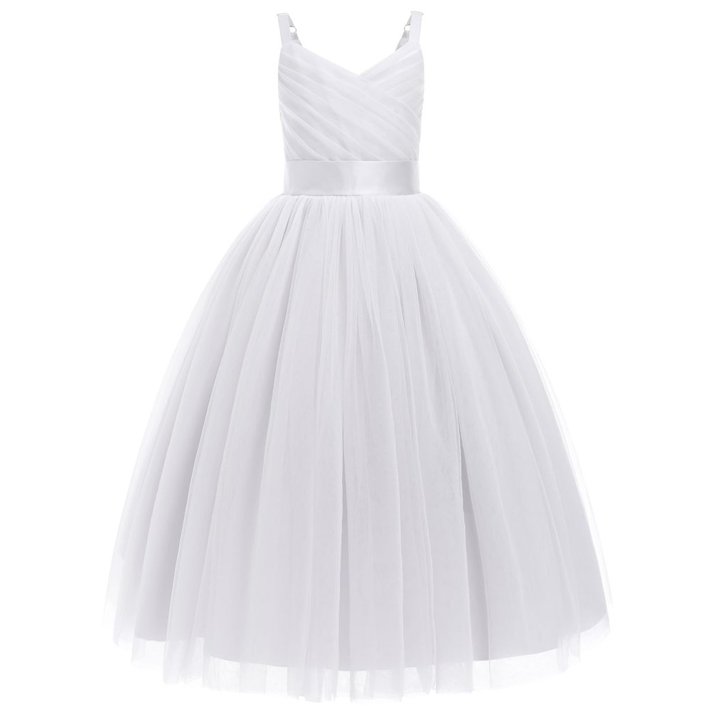 IBTOM CASTLE Flower Girl Dresses for Wedding: Flower Girls Lace Cap Sleeve Dress for Wedding Puffy Tulle Back V-Neck Pageant Prom Ball Gown for Photoshoot Children Concert Dress White & wrap 6 Years