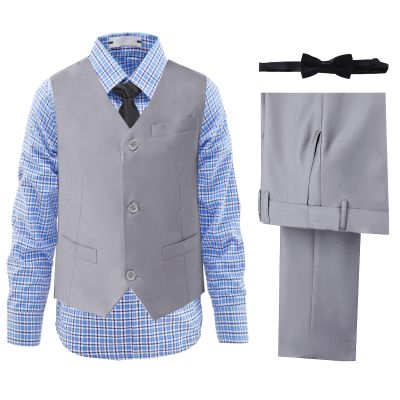 DHTS Boys Suits Grey Vest Pants and Blue Plaid Shirt Set Toddler Boy for Suit Wedding Graduation Christmas Outfit Kids Tuxedo Dress Clothes Size 5t