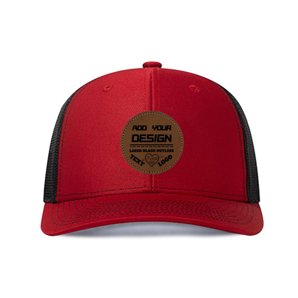 Generic Custom Cap Custom Leather Patch Trucker Hat for Men & Women - Personalized Text & Photo Baseball Cap Laser Engraved.18, Red With Black Mesh