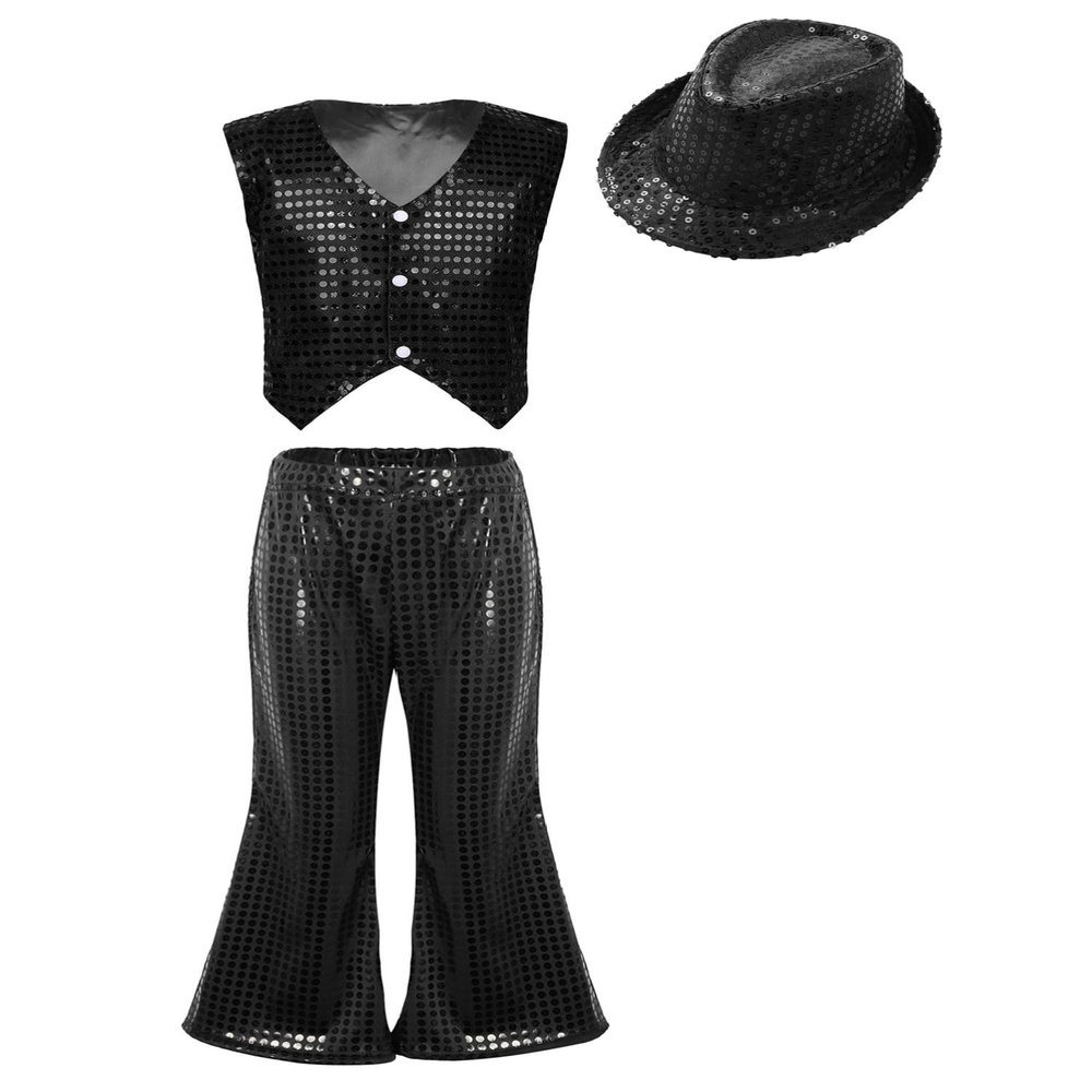 CHICTRY Kids Boys Latin Jazz Modern Dance Outfits Sleeveless Sparkly Sequins Vest and Pant Set Dancewear Black 9-10 Years