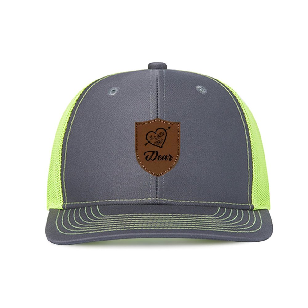 NineFit Basics Custom Cap Custom Leather Patch Trucker Hat for Men & Women - Personalized Text & Photo Baseball Cap Laser Engraved.32, Dark Gray With Green Mesh