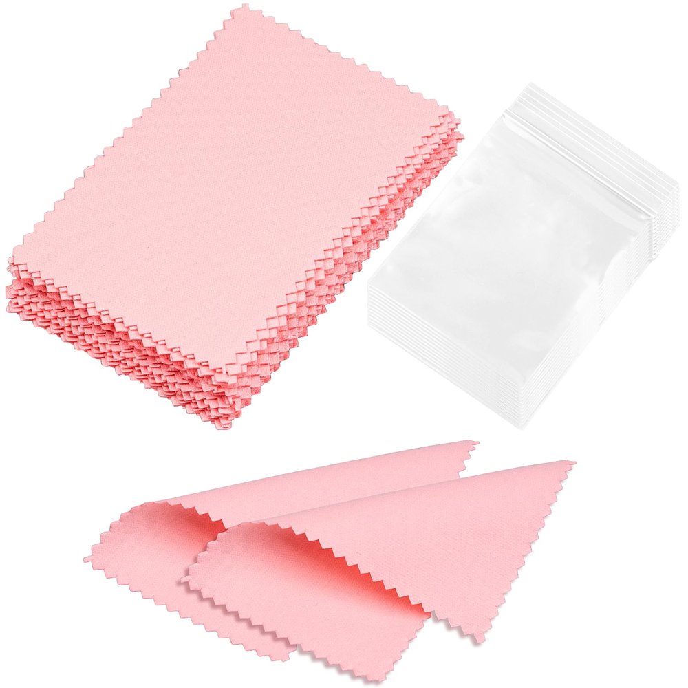 wegoup 28 Pcs Jewelry Polishing Cloth for Sterling Silver Jewelry, Pink Cleaner Cloth for Rings, Includes 40 Pcs Small Jewelry Bags, Gift for Men and Women