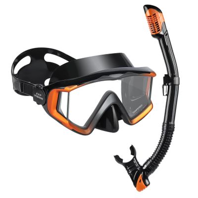 Snorkel Set Pano 3 Adult Snorkeling Gear, Professional Anti-Fog Snorkel Mask Dry Top Snorkel, Tempered Glass Scuba Diving Mask for Freediving, Snorkeling and Swimming (Orange/Black Set)