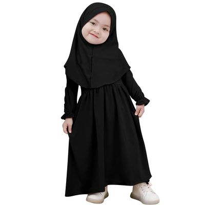 ABAFIP Baby Girl Muslim Dress Toddler Abaya Islamic Dubai Full Cover Kaftan Hijab Long Sleeve Prayer Dress 2 Piece Muslim Outfits Black 2-3 Years